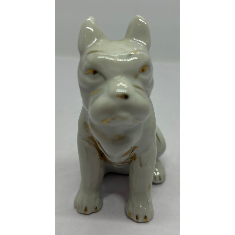 Vintage Ucago Japan Porcelain Boxer Dog Figurine White With Gold Trim